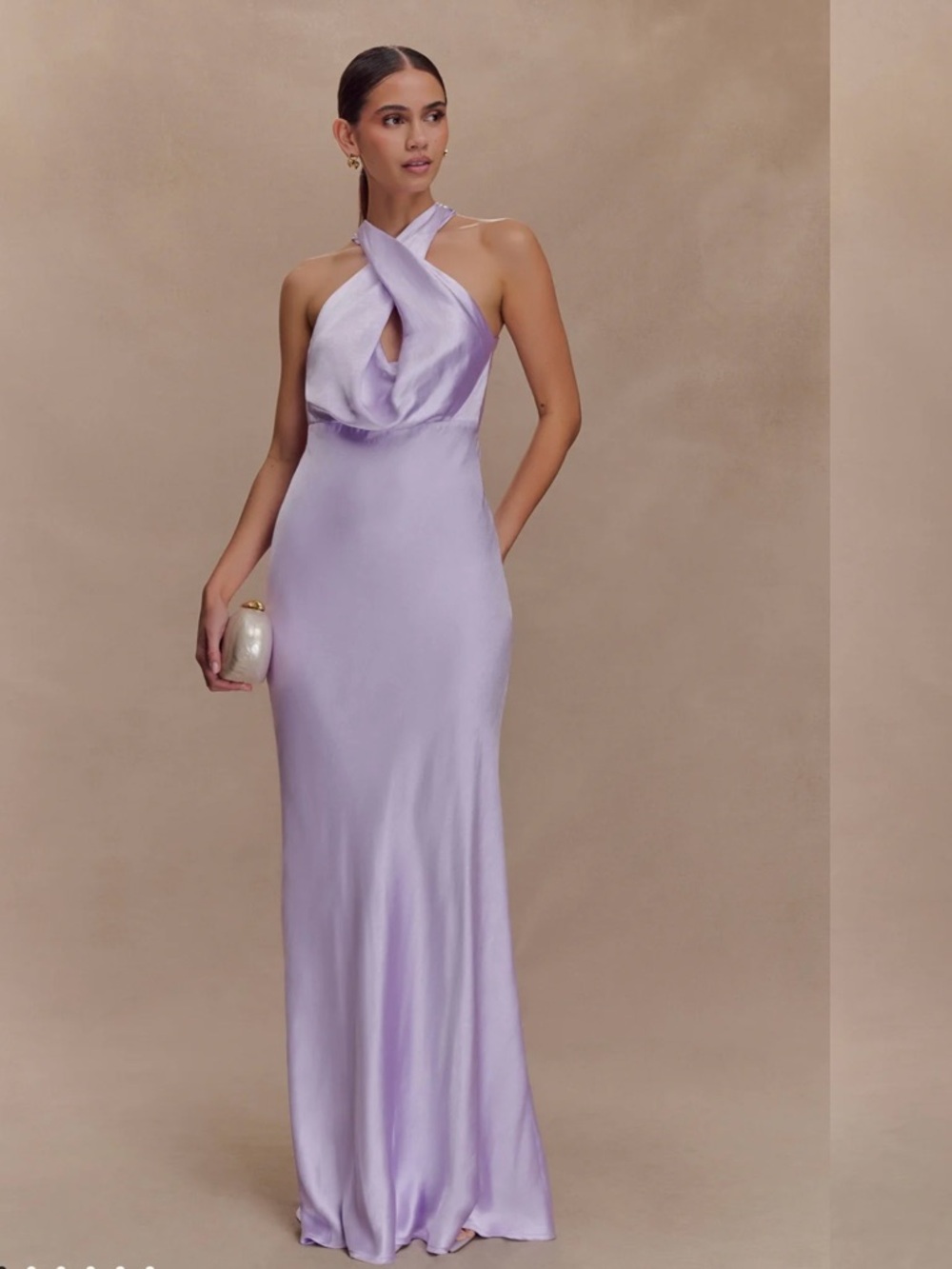Meshki Lavender Cross-Neck Satin Maxi Dress